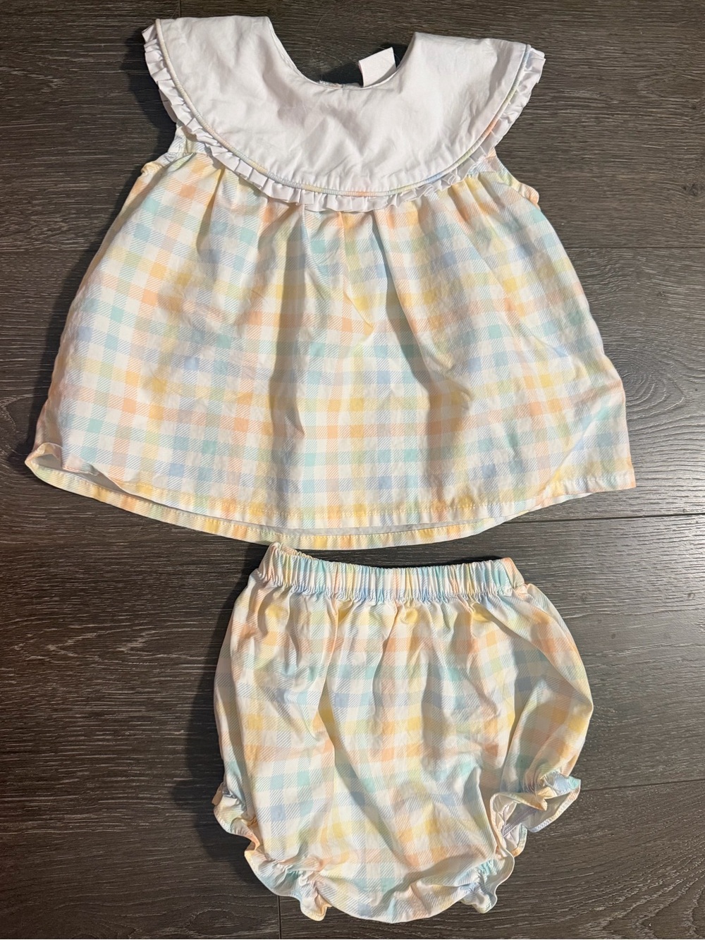 Stitchy Fish Pastel Gingham Baby Girl Diaper Cover Set with White Ruffle Collar